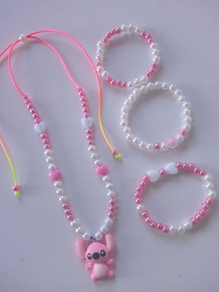 Kids Pearl & Heart Bead Jewelry Set – Necklace + 3 Bracelets (Pink & White)