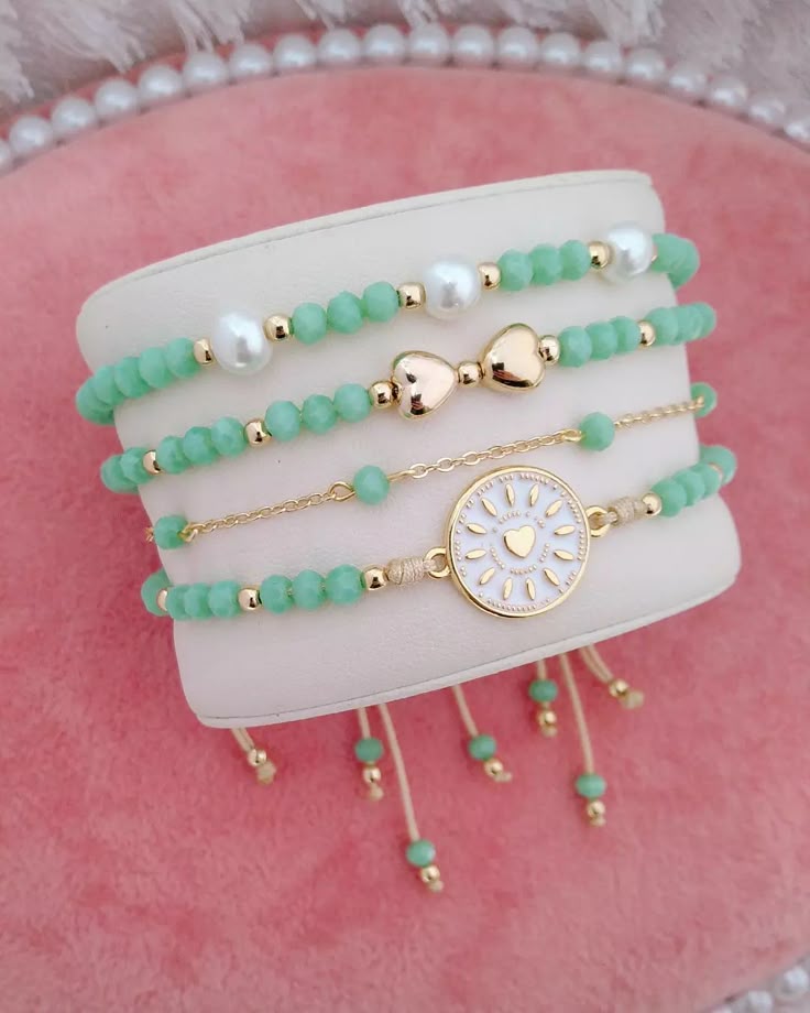Mint Green Beaded Bracelet Set – 4-Piece Stack with Pearl & Gold Charm Medallion