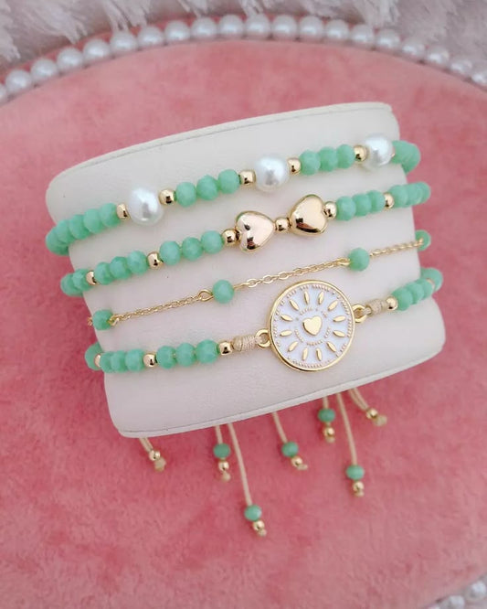 Mint Green Beaded Bracelet Set – 4-Piece Stack with Pearl & Gold Charm Medallion