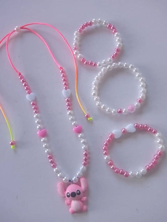 Kids Pearl & Heart Bead Jewelry Set – Necklace + 3 Bracelets (Pink & White)