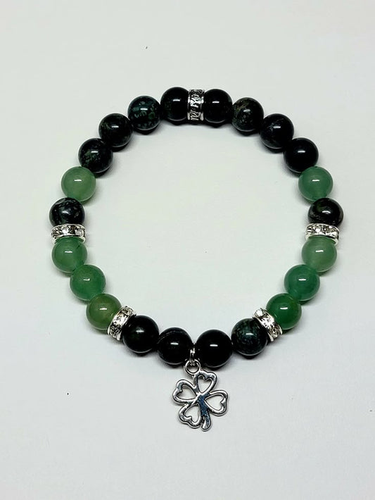 Four Leaf Clover Bracelet – Natural Green Aventurine & Kambaba Jasper (8mm Beads)