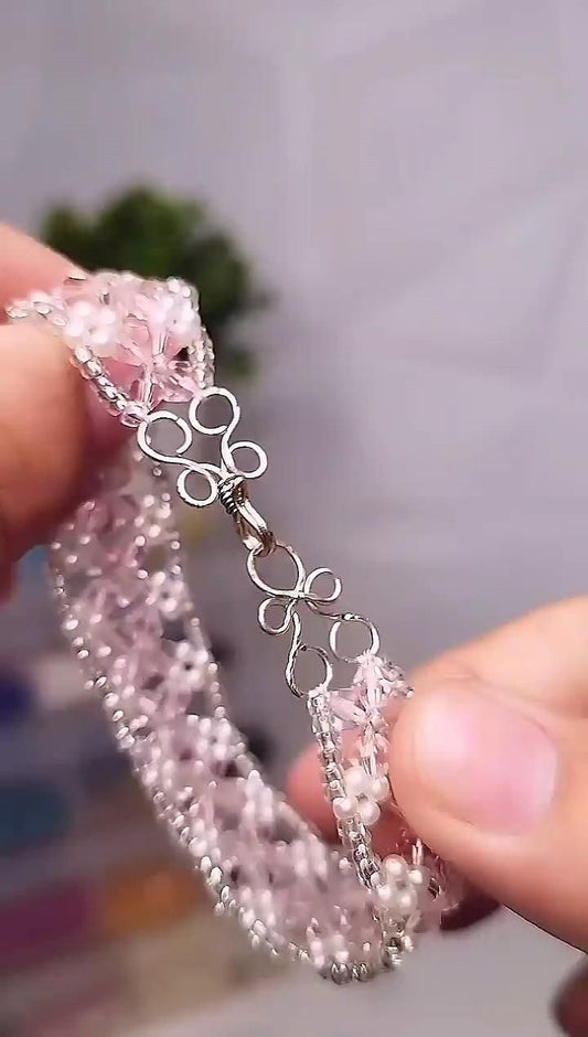 Woven Pearl & Crystal Bracelet – Silver Wire Wrap Design