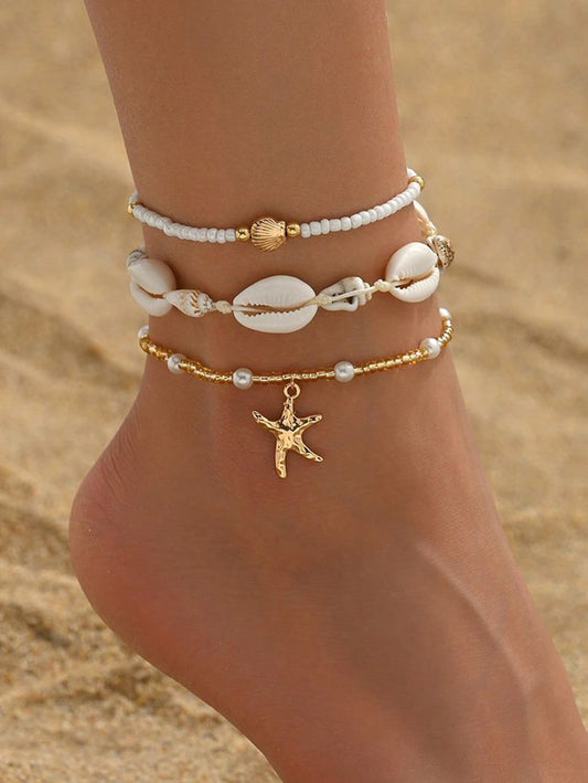 Boho Shell & Starfish Layered Anklet Set – 3-Layer Beaded Ankle Bracelet