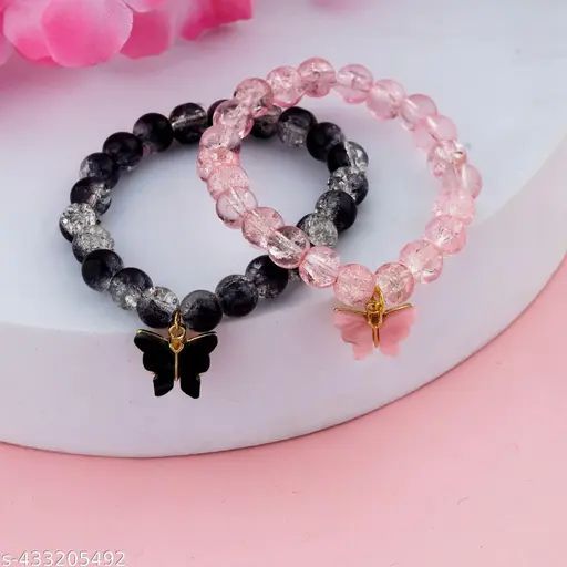 Crystal Beaded Charm Bracelet Set – Pink & Black Butterfly Duo (Pack of 2)