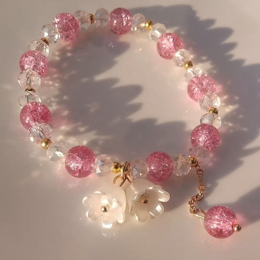 Pink Crackle Crystal Beaded Bracelet with Pearl Flower Charm & Rose Gold Chain
